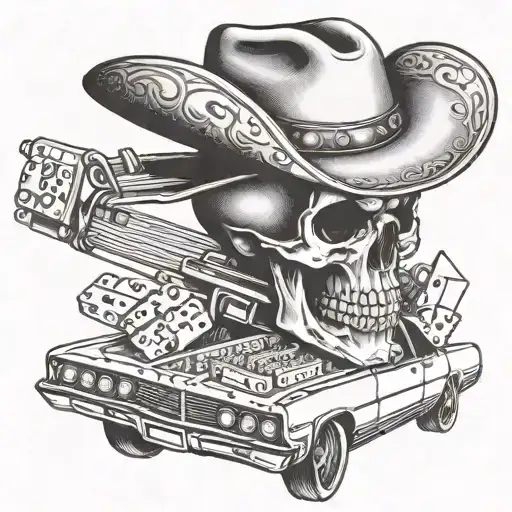 A Skull Wearing A Cowboy Hat Playing Dominoes On The Back Of A Lowrider Car