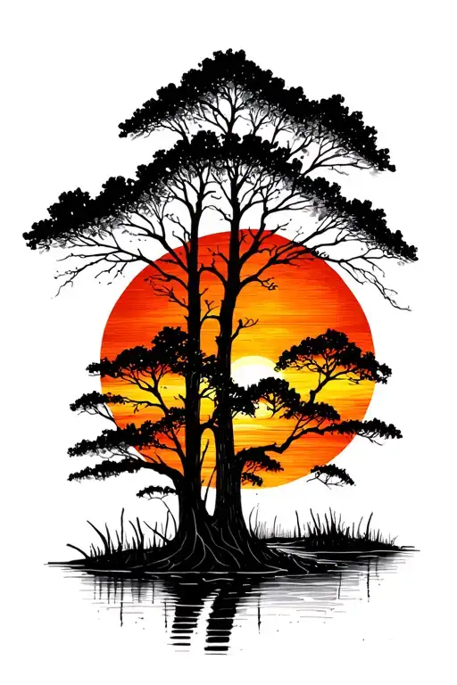 Trees Colors Sunset Over Swamp