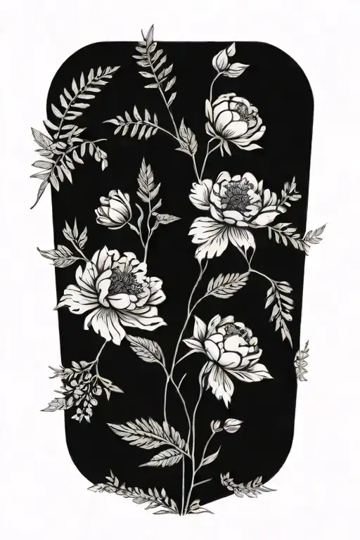 Peonies With Fern Leaves And Different Flowers And Delicate Leaves