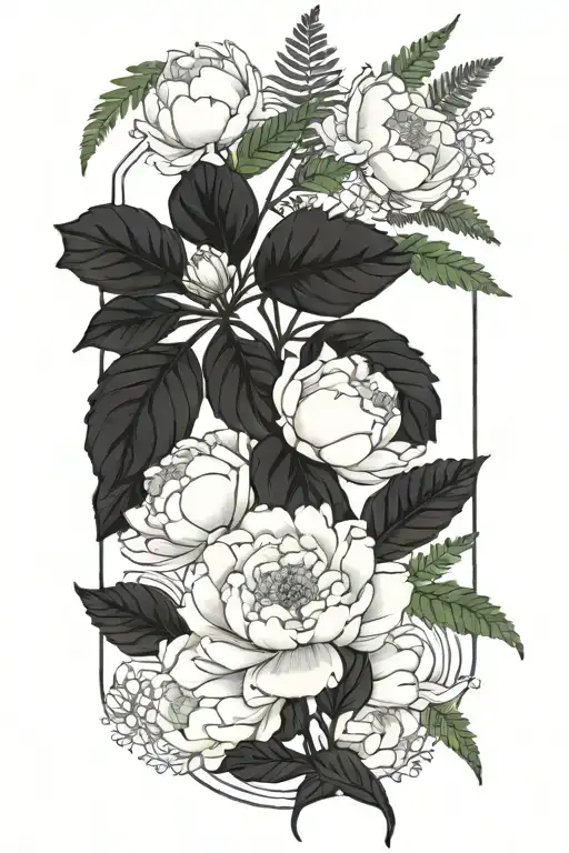 Peonies With Fern Leaves And Different Flowers And Delicate Leaves