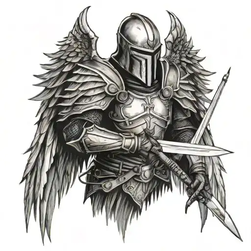 Dark Medival Knight With Worn Angel Wings And Sword Tattoo