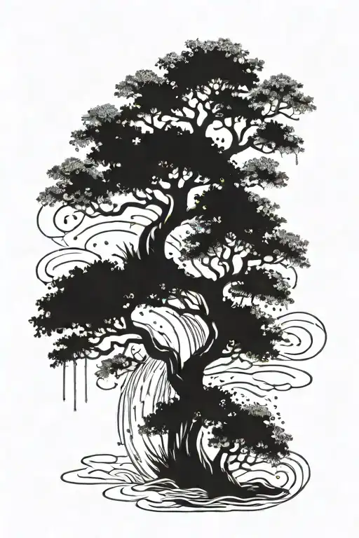 A Tattoo Design Of A Serene River Flowing Through A Forest Of Dancing Trees Under A Rainy Sky
