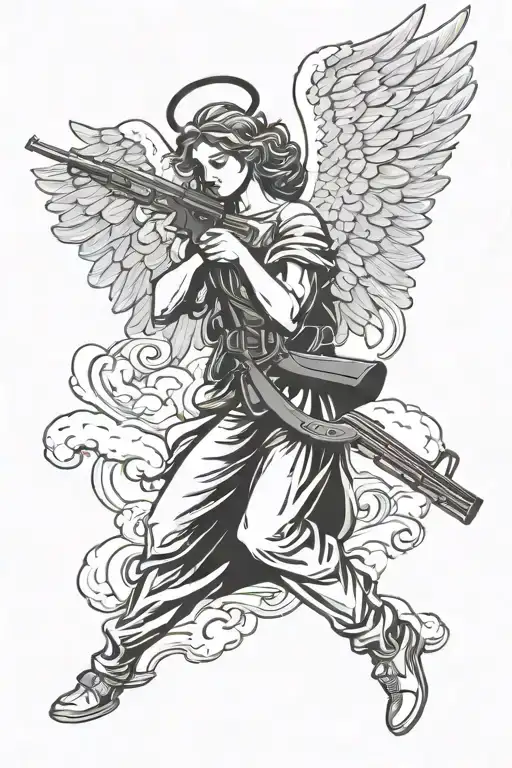Angel With Wings An A Ak47 Near Clouds Inside Tattoo