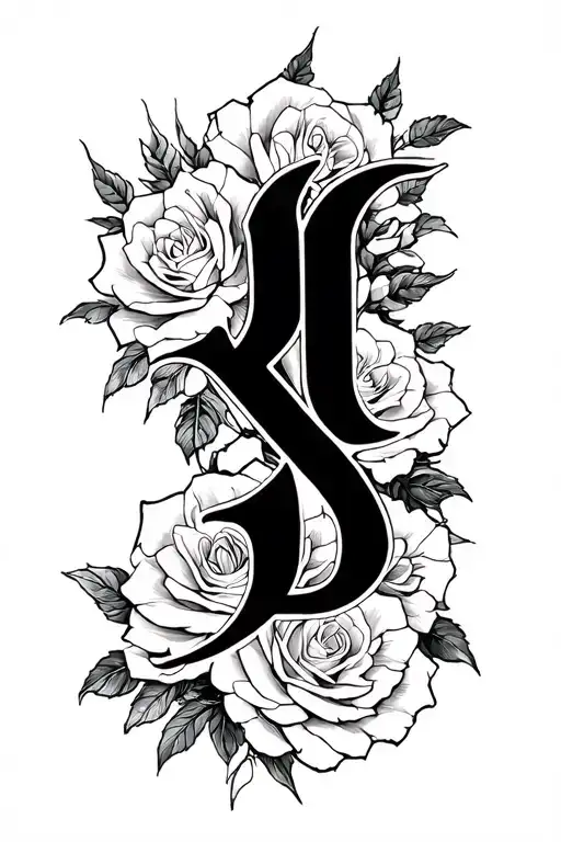 Tatto Design Name Written Along And Big Roes In The Background