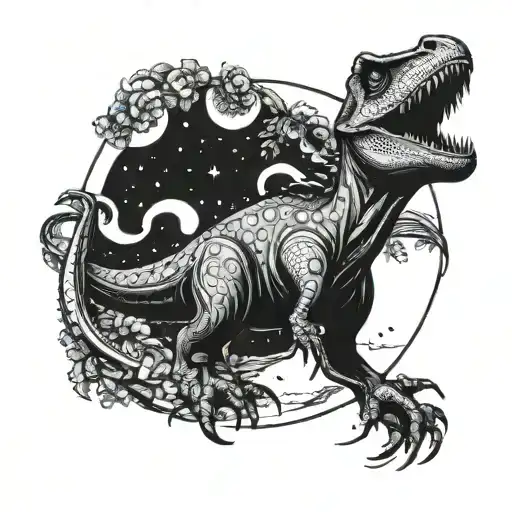 Dinosaur With Comet Background Circular Tattoo Design