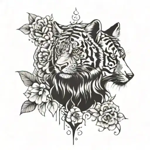 Wolf And Tiger With Flowers