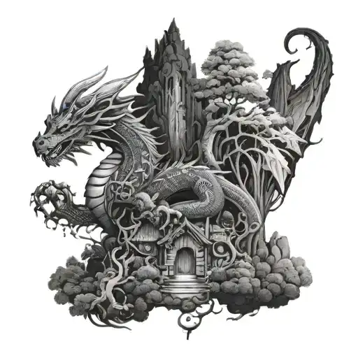 A Mystical Forest With Hidden Paths And A Dragon Lurking In The Shadows