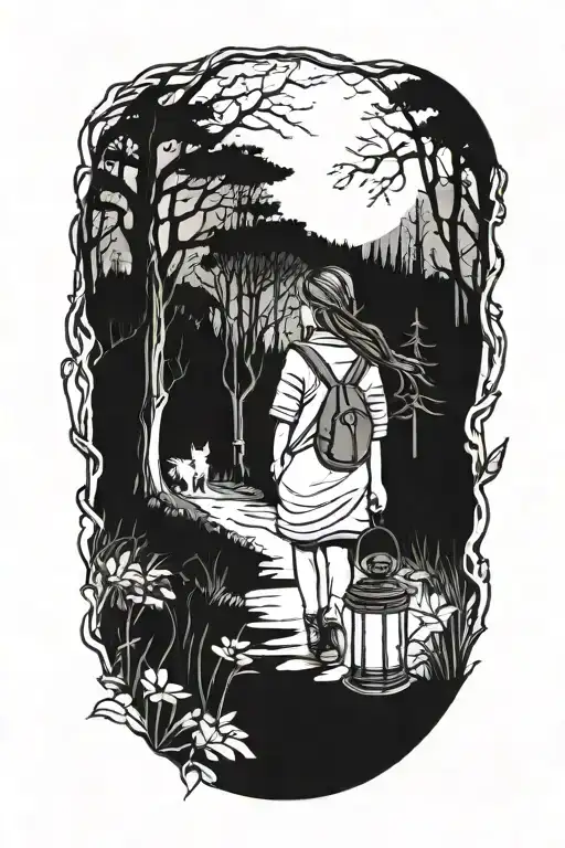 Young Girl Walking Into Dark Forest With Cat And Lantern