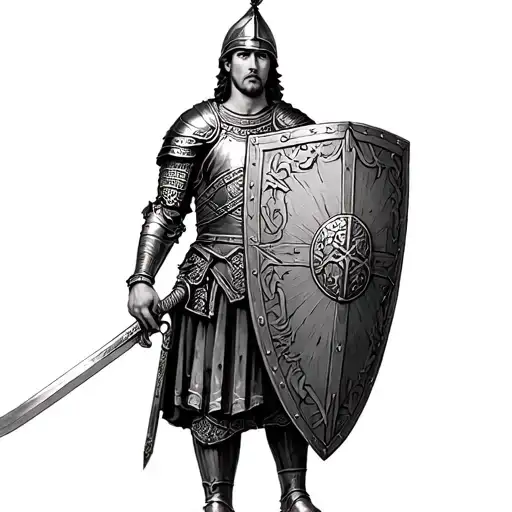 Roman Soldier In Roman Armour With Sword And Roman Shield Held