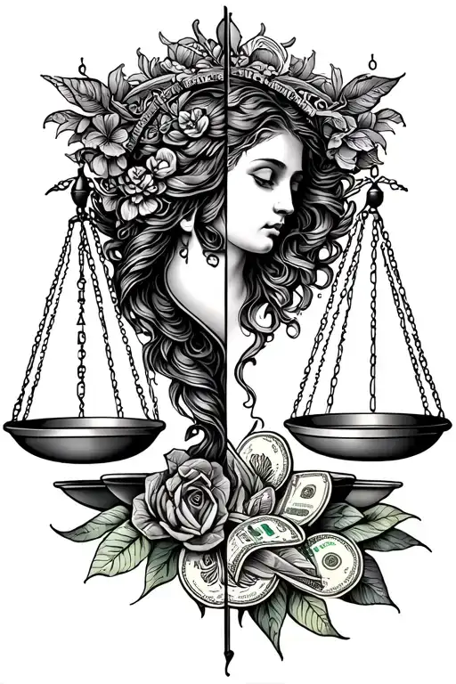 Libra Scale With Women And Money On One Side And Heart And Soul On The Other Side