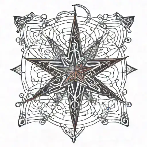 Dotwork Red Star With Intricate Fishing Hooks And Lines Weaving Around It