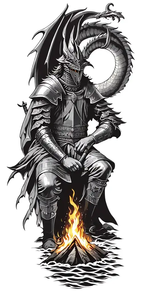 Medieval Knight Sitting By Camp Fire By The Ocean With Dragon And Castle In The Back With Sun In Sky
