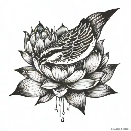 Sparrow And Water Lotus Flower