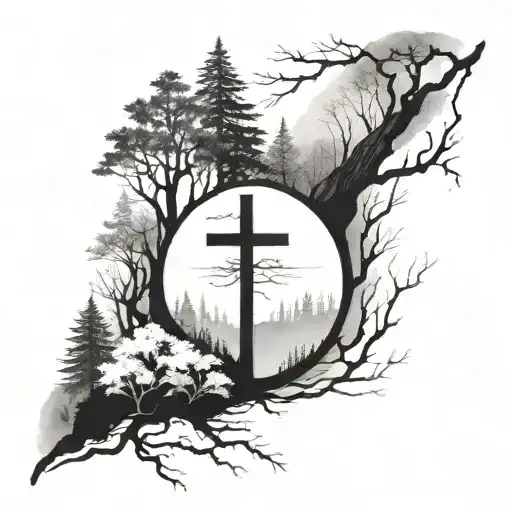 A Serene Forest Landscape With A Hidden Cross Among The Trees