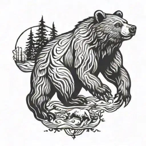 A Stylized Blackwork Design Of A Bear In A Hunting Scene
