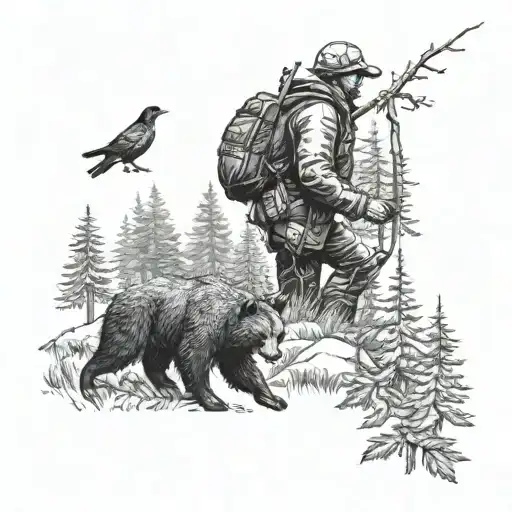 A Detailed Blackwork Tattoo Of A Hunter Tracking A Black Bear Through A Dense Forest