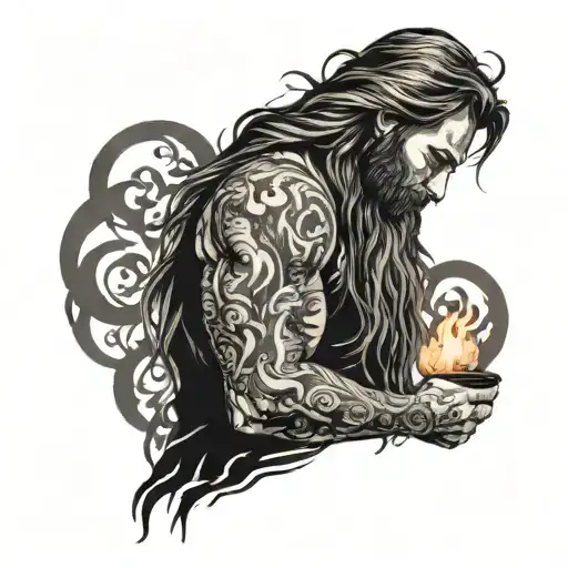 A Man With A Beard And Long Hair Standing In Front Of A Fire