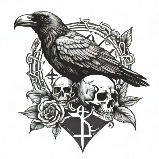 Open Crow With Runes And Skull Head