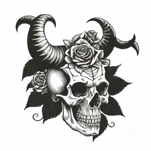 Skull With Roses And Goat Horns