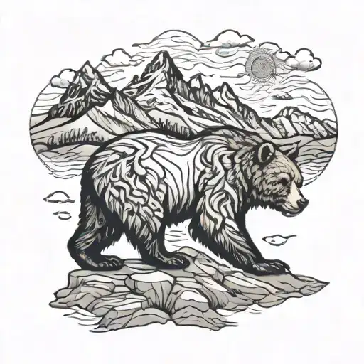 Grizzy Bear And Mountains Panorama