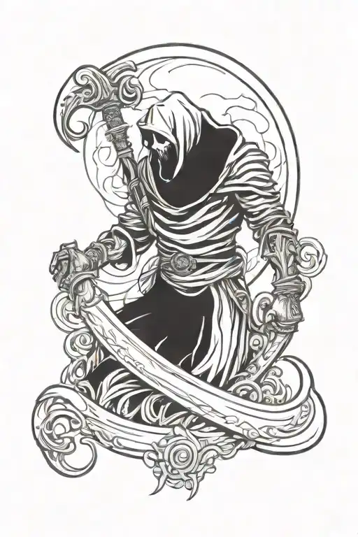 A Sleeve Tattoo Of A Reaper With A Crescent Moon Shaped Scythe