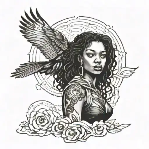 Black Woman W Raven Flying