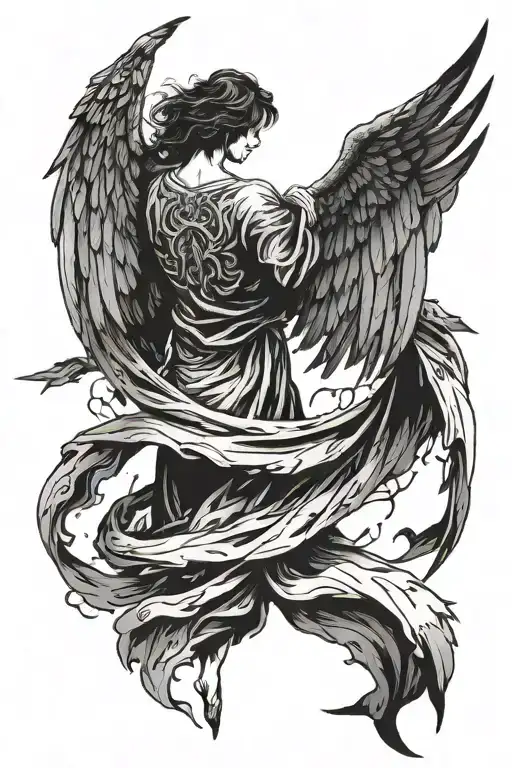 Dark Angel Tattered Wings Ripped Robe Facing Away