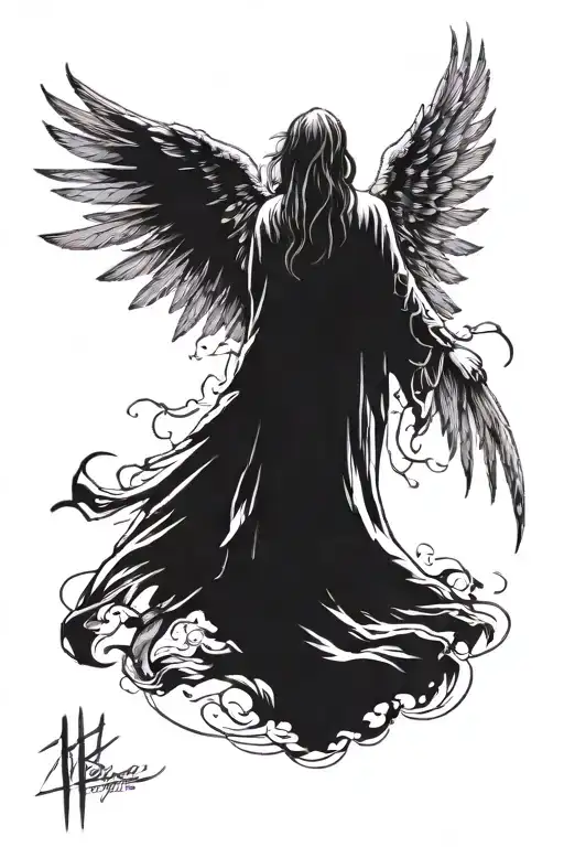 Realistic Dark Angel Tattered Wings Ripped Robe Facing Away Looking To Left Side