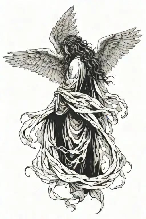 Realistic Dark Angel Tattered Wings Ripped Robe Down Back Facing Away Looking To Left Side