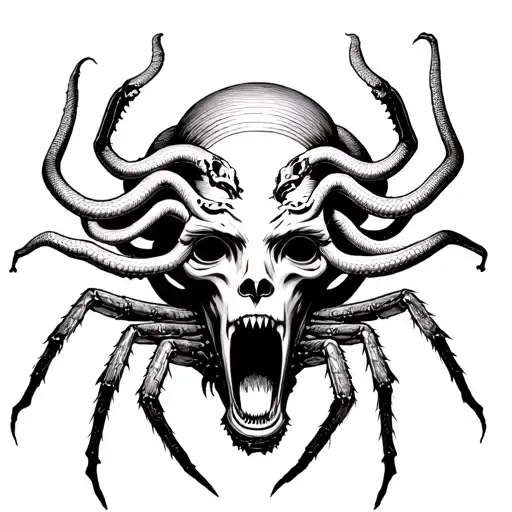 Medusa Head With A Serpent Coming Out Of Its Mouth To Eat A Spider