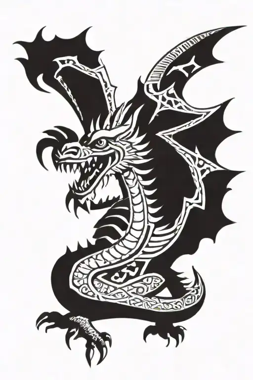 Aztec Style Dragon With Wings Spread Wide