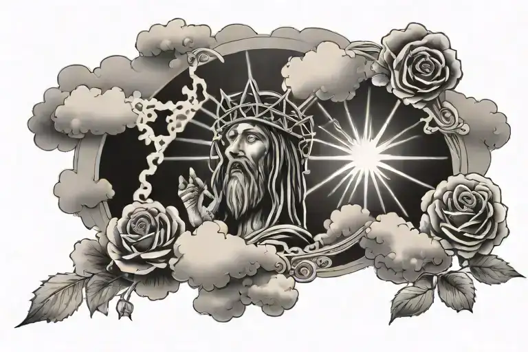 Memorial Tattoo For Grandmal With Clouds And Jesus Rays Shining Down On Her Name