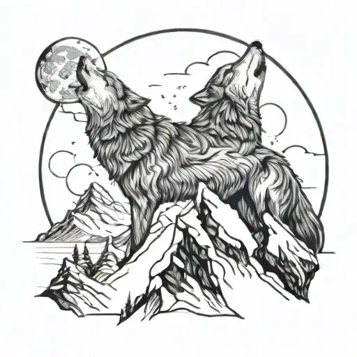 Wolf Howling At Moon On Top Of Mountain Peak