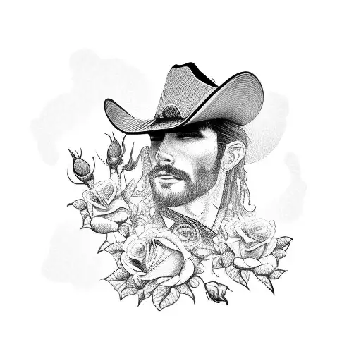 A Detailed Blackwork Tattoo Of A Cowboy Playing A Guitar With Roses Blooming Around Him
