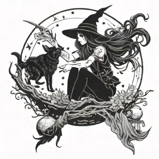 A Witch Girl Casting A Spell Under A Full Moon