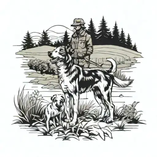 A Blackwork Tattoo Of A Loyal Dog Standing Proudly Next To Its Owner In A Hunting Field