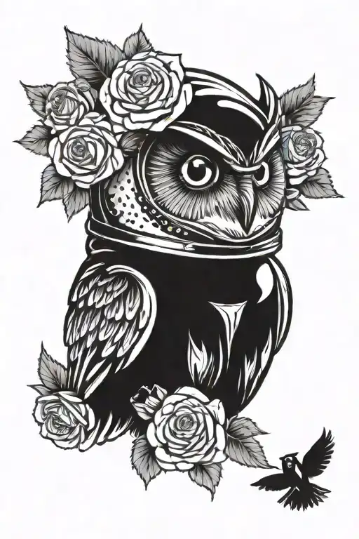 Owl In Space Helmet And Roses