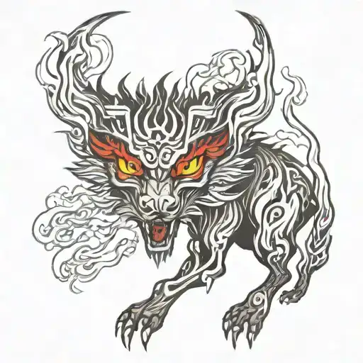 Wolf Demon With Fire Flames Red And Black Lettering