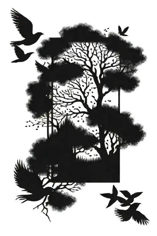 Tree With Birds Flying Away