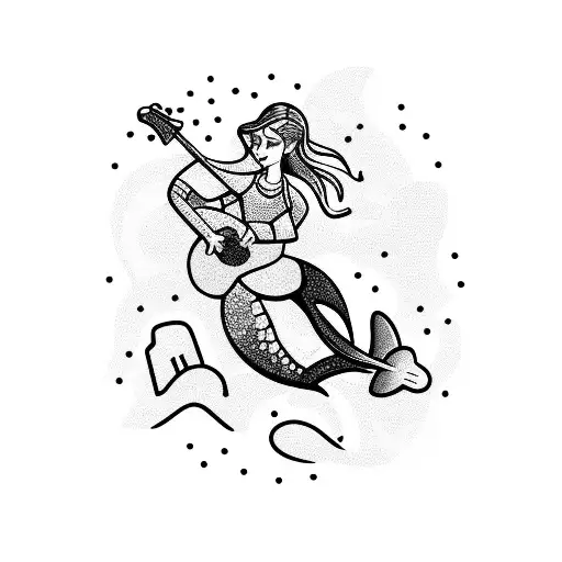 A Sporty Mermaid Playing A Guitar On A Rocky Beach
