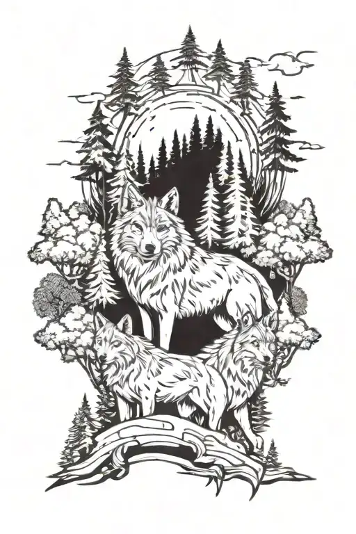 Wolf Pack With Forest Behind It