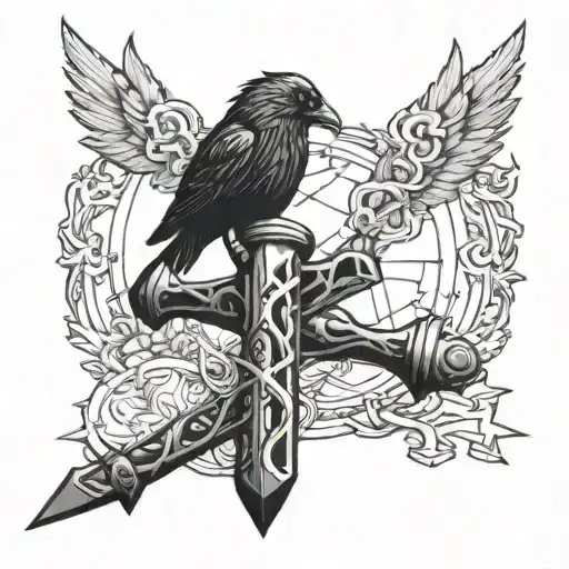 Broken Mjolnir With Crow Sitting