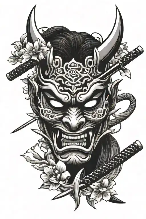 Oni Mask With Katana And Sakura Blossom