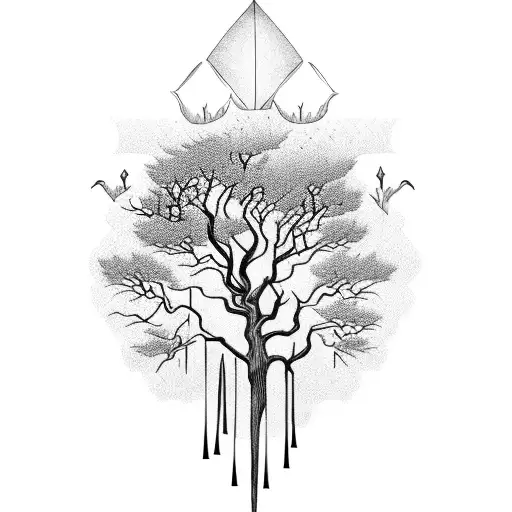 A Blackwork Tattoo Of A Hauntingly Beautiful Tree With Halloween-inspired Elements