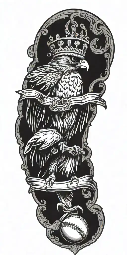 Falcon Wearing A Crown Holding A Giant Baseball With A Scroll Wrapping Around