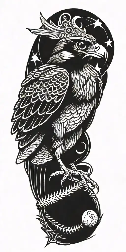 Falcon Wearing A Crown Holding A Giant Baseball With A Scroll Wrapping Around