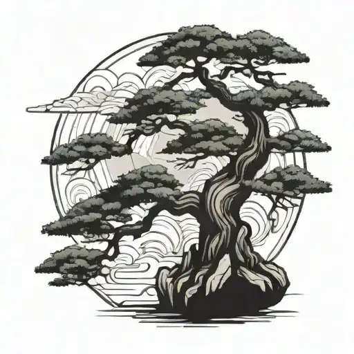 Bonsai Tree With Japanese Landscape In The Background