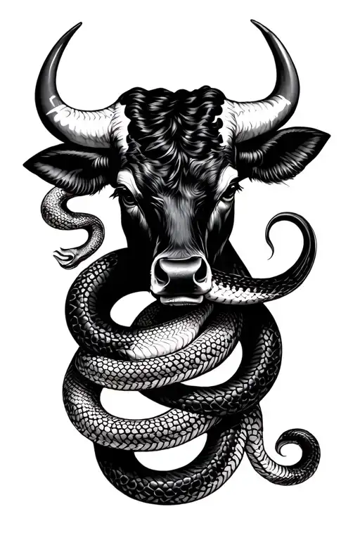 Full Body Bull And Snake Intertwined
