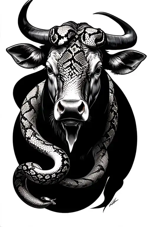 Full Body Taurus Bull With Python Wrapped Around