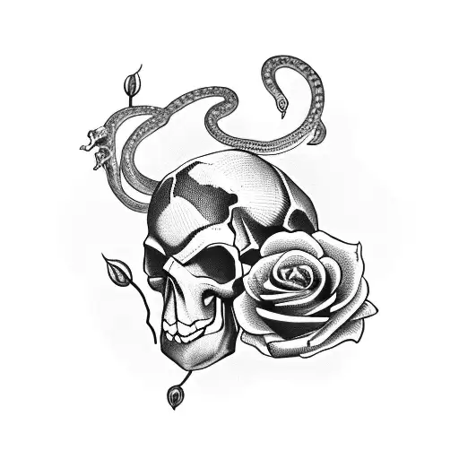 Skull With Roses With Snake Going Through Skull
